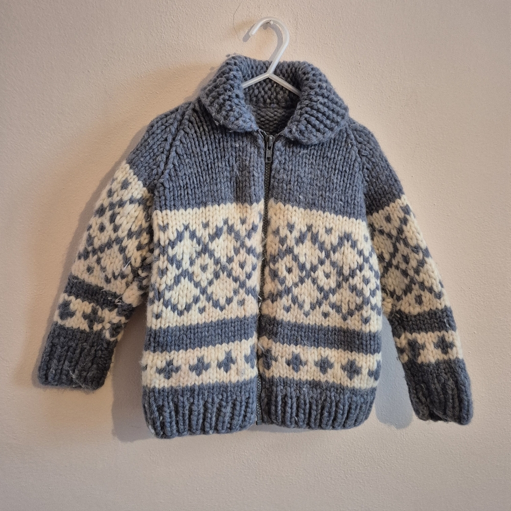 Vintage Wool Zip Up Cardigan Cowichan Style Kids Size 5 6 - Picture 2 of 8